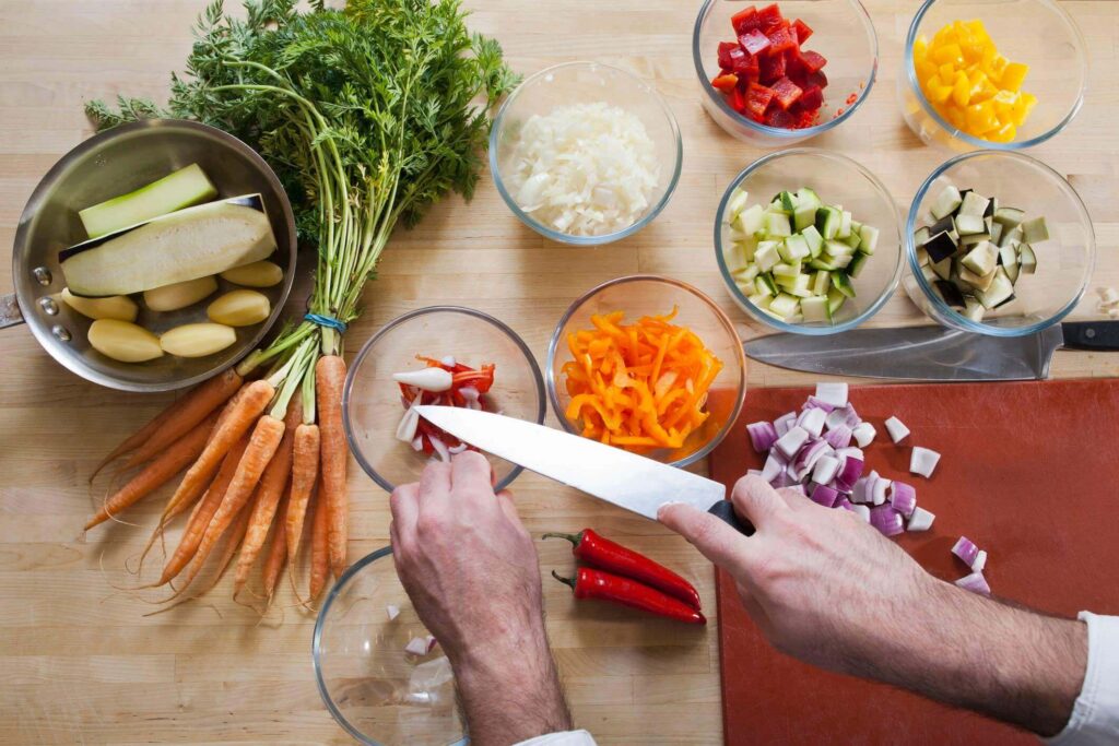 a chef showing basic knife cuts