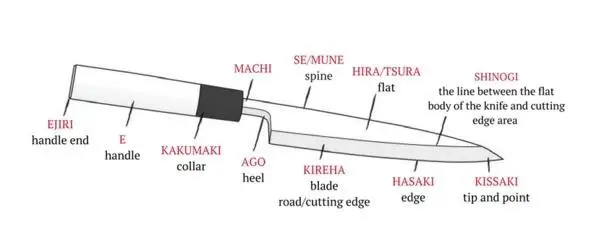 Explaining different parts of a Japanese kitchen knife
